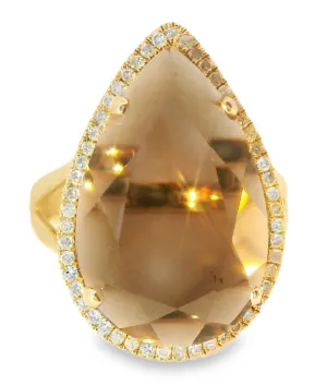Magnificent 14K Pink Rose Gold Smokey Topaz Brown Quartz MicroPave Diamond Ring