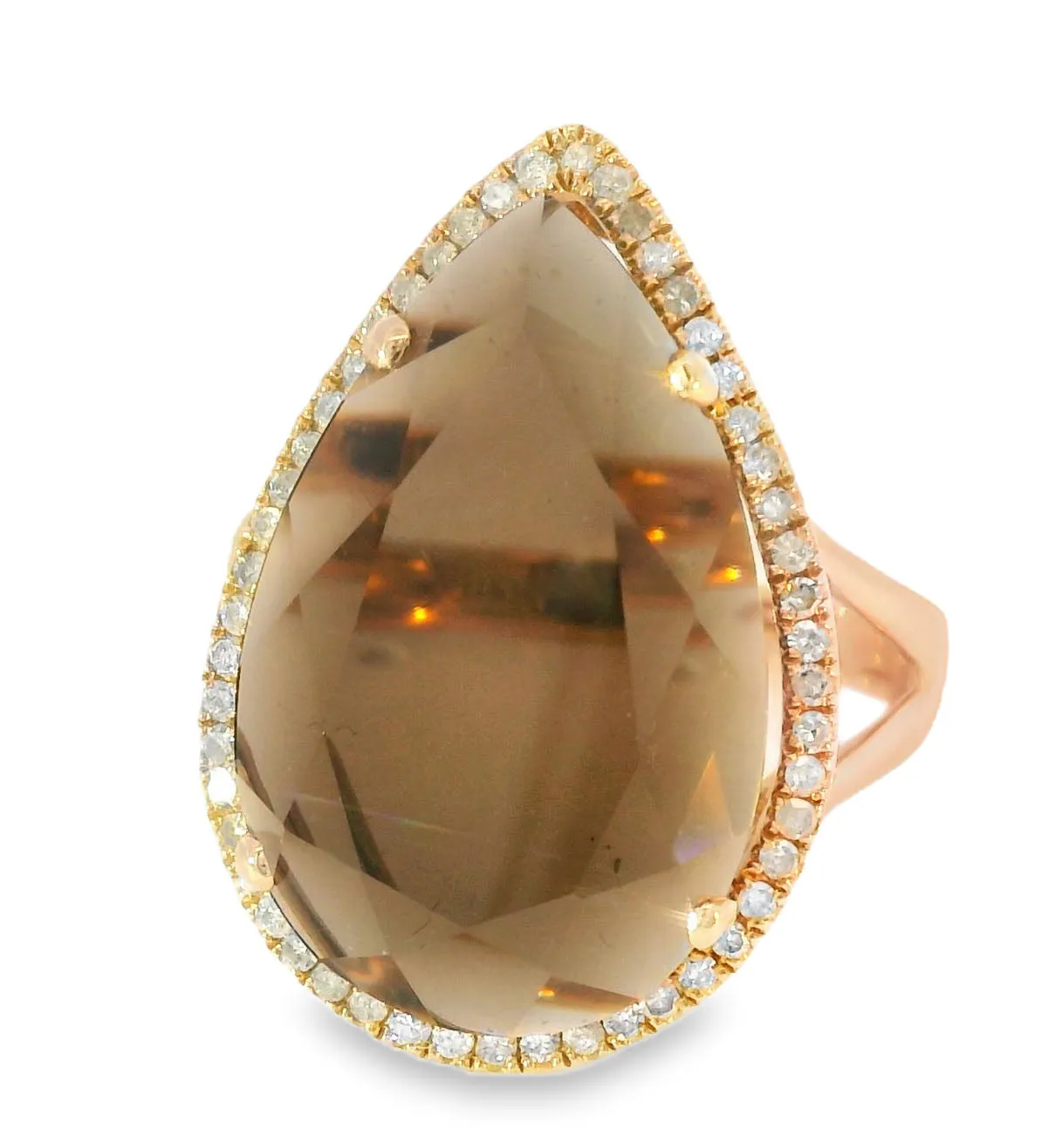 Magnificent 14K Pink Rose Gold Smokey Topaz Brown Quartz MicroPave Diamond Ring