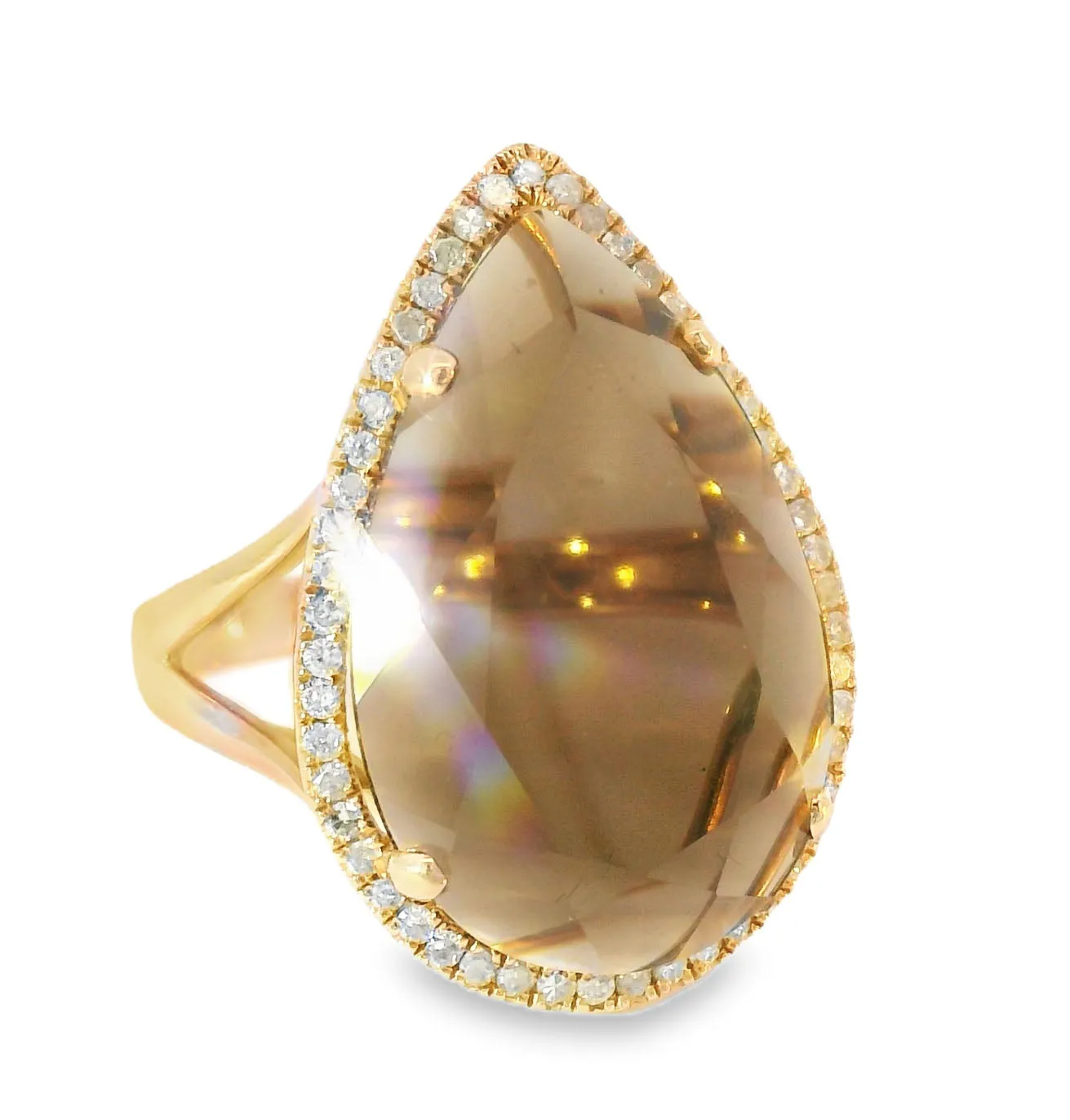 Magnificent 14K Pink Rose Gold Smokey Topaz Brown Quartz MicroPave Diamond Ring