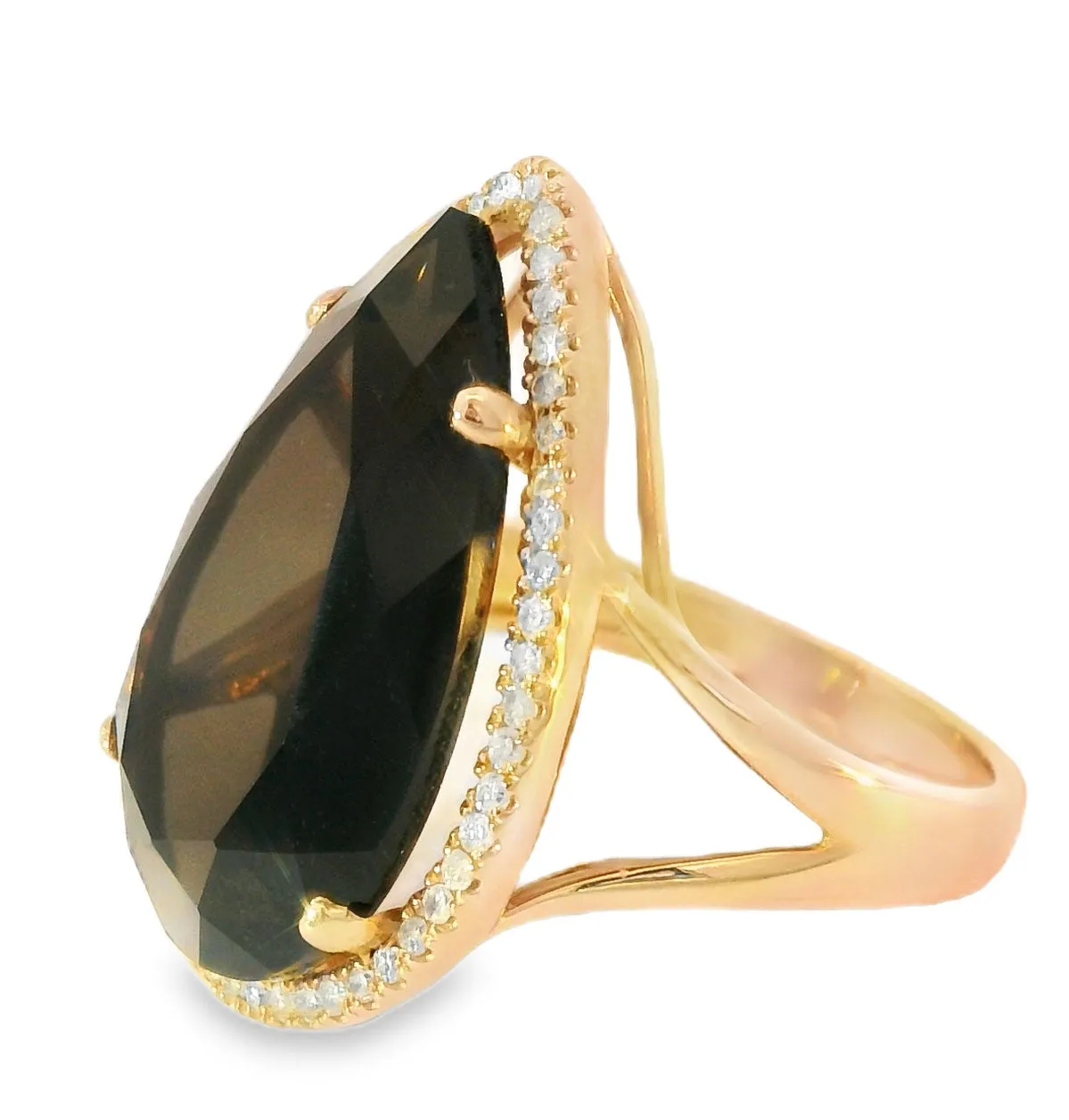 Magnificent 14K Pink Rose Gold Smokey Topaz Brown Quartz MicroPave Diamond Ring