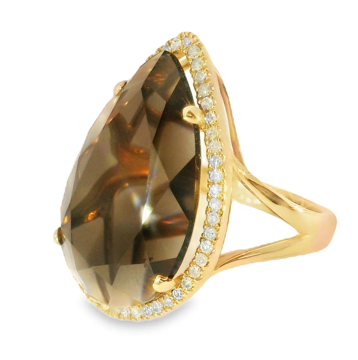 Magnificent 14K Pink Rose Gold Smokey Topaz Brown Quartz MicroPave Diamond Ring