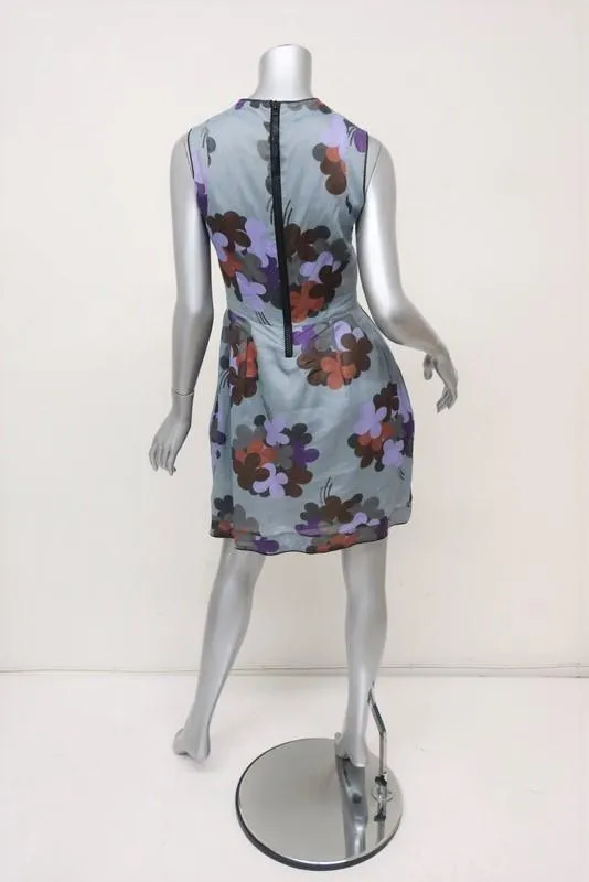 Marni Dress Blue Floral Print Cotton Size 38 Leather-Trim Sleeveless Mini