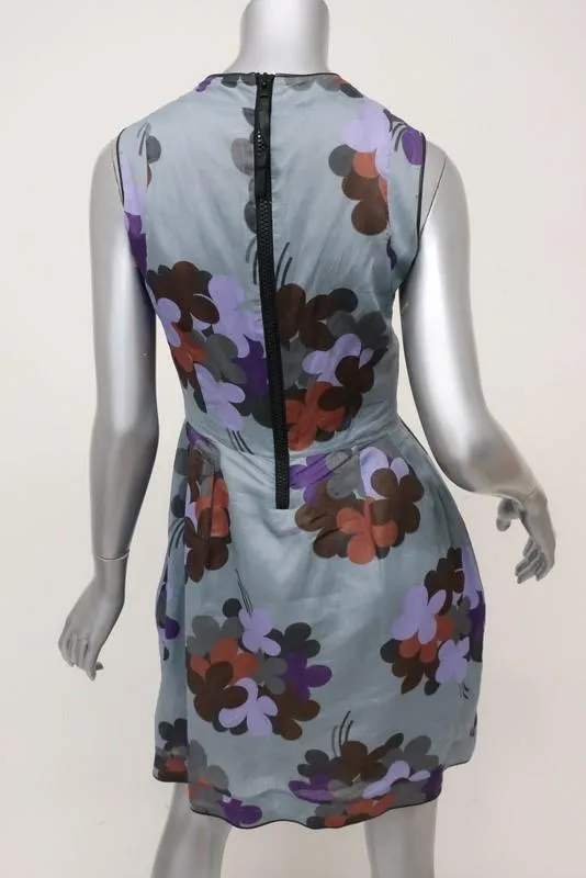 Marni Dress Blue Floral Print Cotton Size 38 Leather-Trim Sleeveless Mini