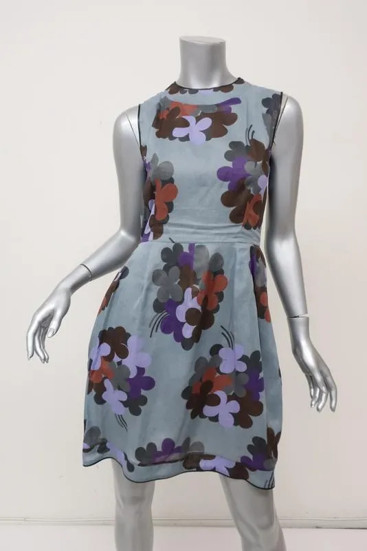 Marni Dress Blue Floral Print Cotton Size 38 Leather-Trim Sleeveless Mini