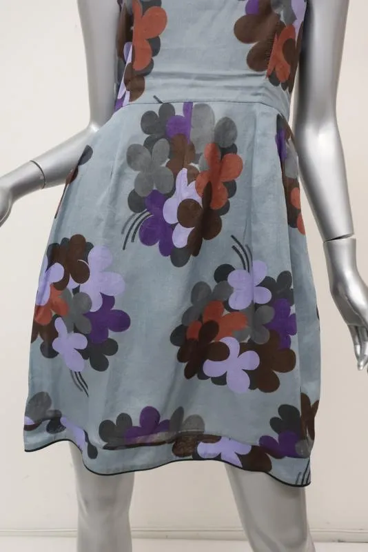 Marni Dress Blue Floral Print Cotton Size 38 Leather-Trim Sleeveless Mini