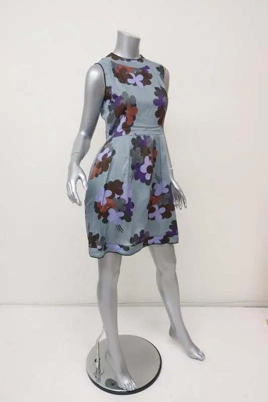 Marni Dress Blue Floral Print Cotton Size 38 Leather-Trim Sleeveless Mini