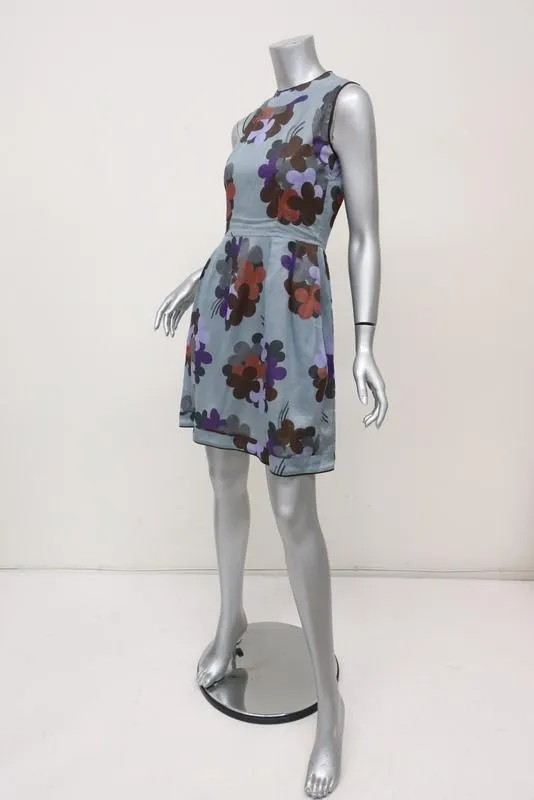 Marni Dress Blue Floral Print Cotton Size 38 Leather-Trim Sleeveless Mini