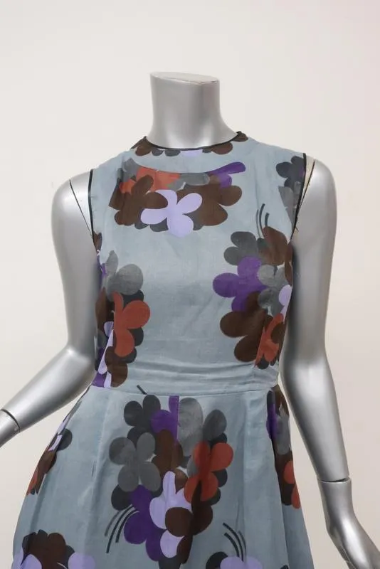 Marni Dress Blue Floral Print Cotton Size 38 Leather-Trim Sleeveless Mini