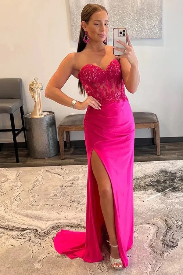 Mermaid Strapless Hot Pink Corset Long Prom Dress with Slit TP1279