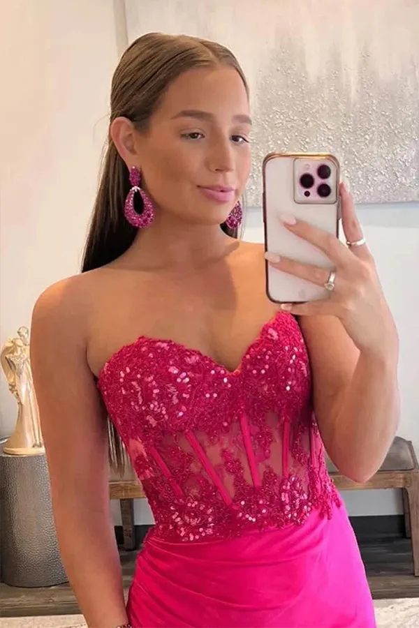 Mermaid Strapless Hot Pink Corset Long Prom Dress with Slit TP1279