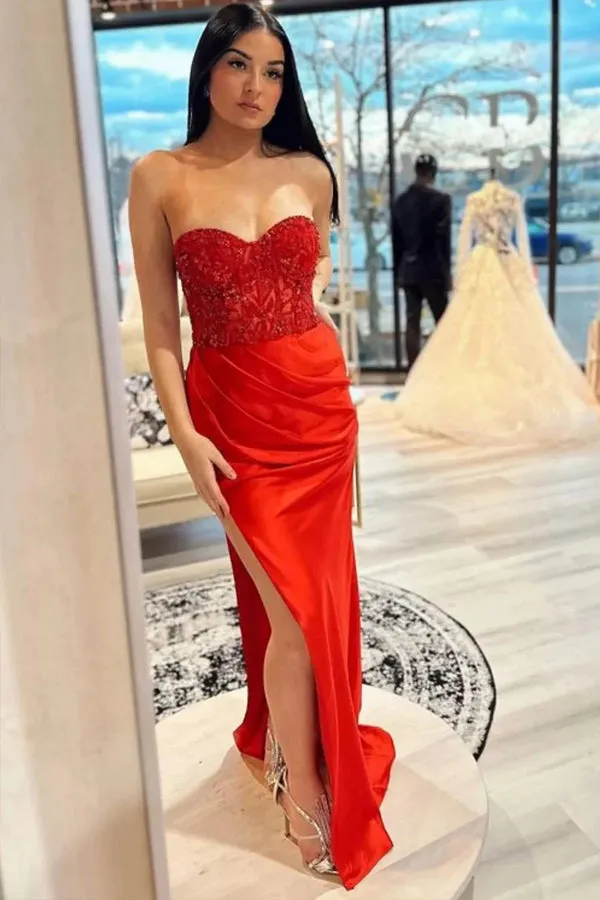 Mermaid Strapless Hot Pink Corset Long Prom Dress with Slit TP1279