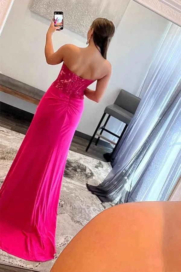 Mermaid Strapless Hot Pink Corset Long Prom Dress with Slit TP1279