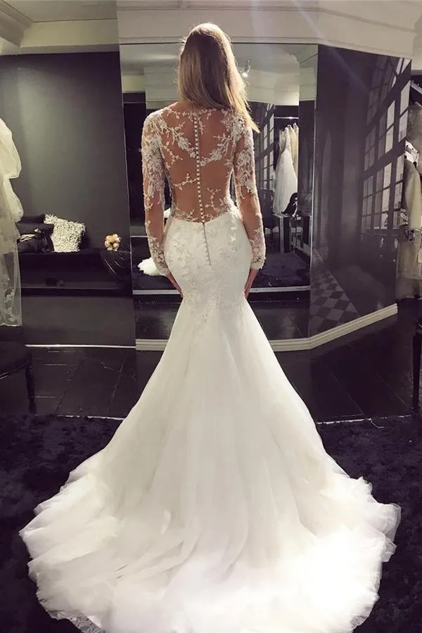 Mermaid Tulle Scoop Neck Sweep Train Lace Wedding Dresses with Appliques, TN116