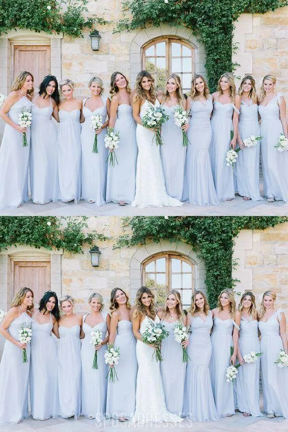 Mismatched Blue Chiffon Floor Length Cheap Long Bridesmaid Dresses, WG565