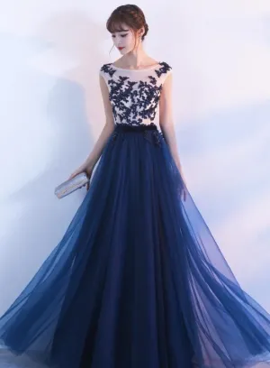 Navy Blue Pretty Lace Applique Long Evening Party Dress, Blue Prom Dress , Beautiful Gowns