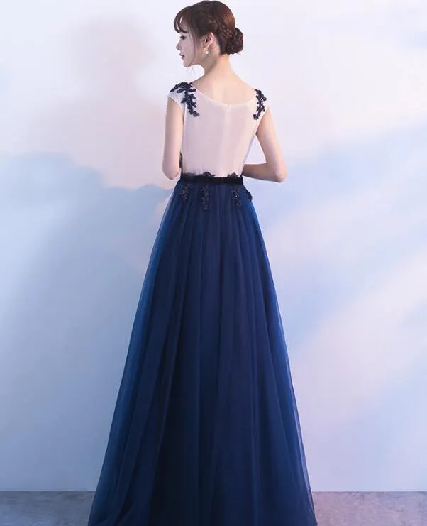 Navy Blue Pretty Lace Applique Long Evening Party Dress, Blue Prom Dress , Beautiful Gowns