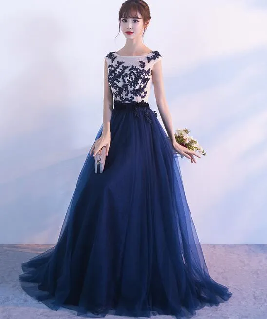 Navy Blue Pretty Lace Applique Long Evening Party Dress, Blue Prom Dress , Beautiful Gowns