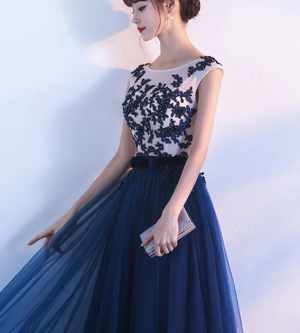 Navy Blue Pretty Lace Applique Long Evening Party Dress, Blue Prom Dress , Beautiful Gowns