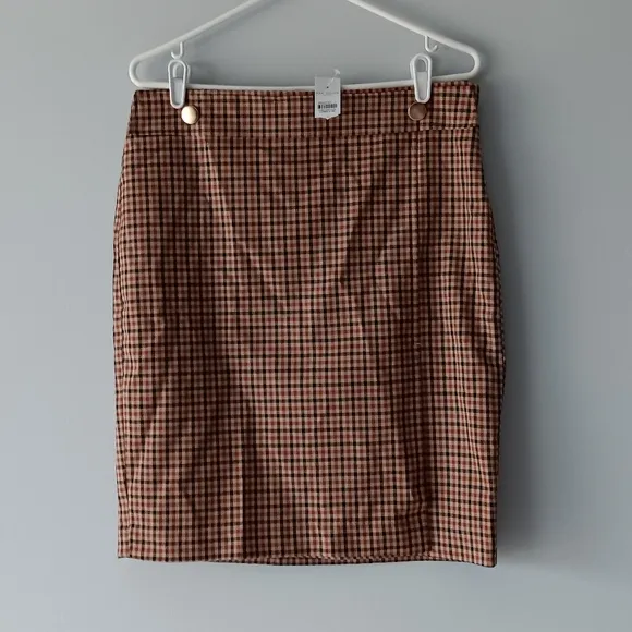 New Ann Taylor Factory Pencil Skirt Plaid Lined Brown Black Beige Gold Size 8