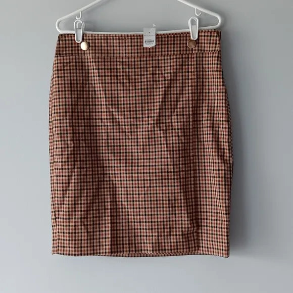 New Ann Taylor Factory Pencil Skirt Plaid Lined Brown Black Beige Gold Size 8