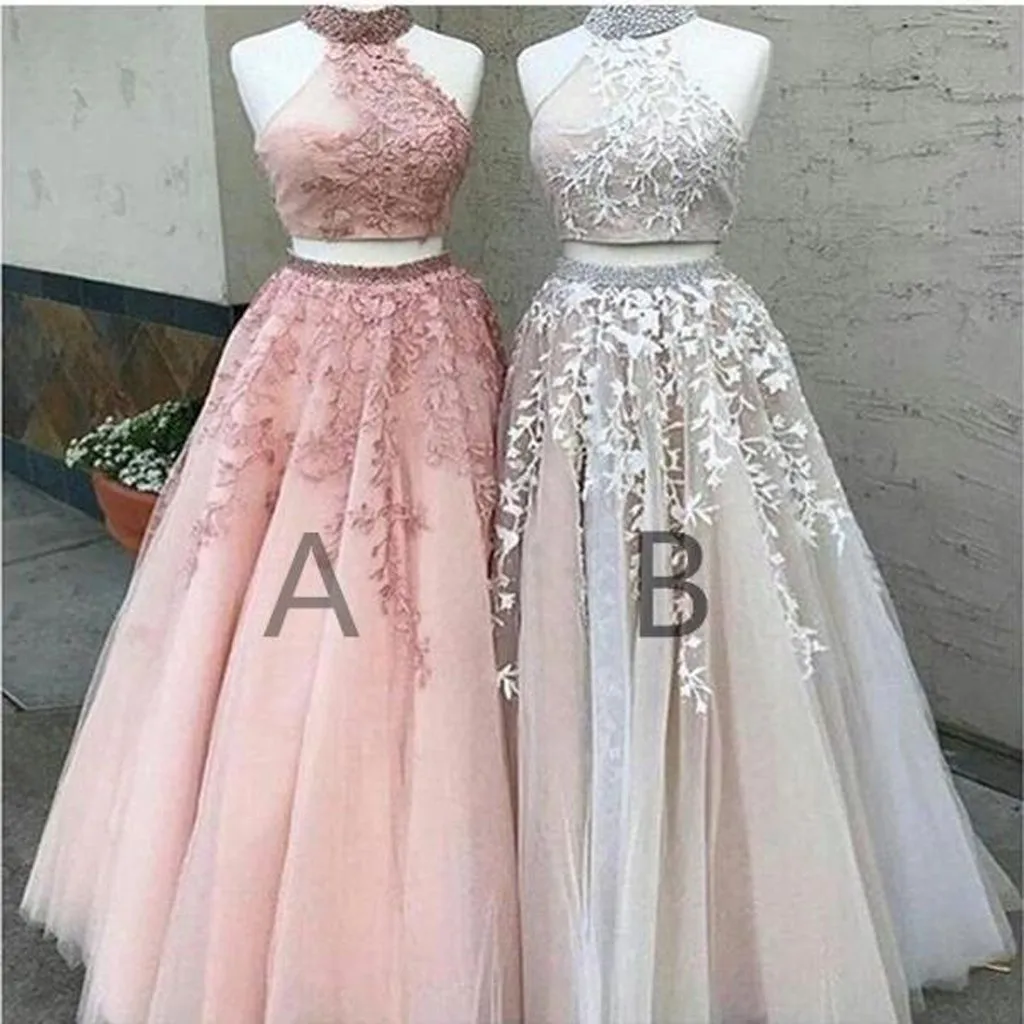 Newest two-pieces floor-length sleeveless high-neck evening gown, Dignified elegant Long Prom Dresses,PDY0283