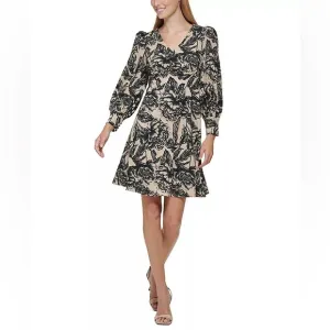 NWT! Black and Khaki CALVIN KLEIN Empire-Waist Printed Dress - Size 10
