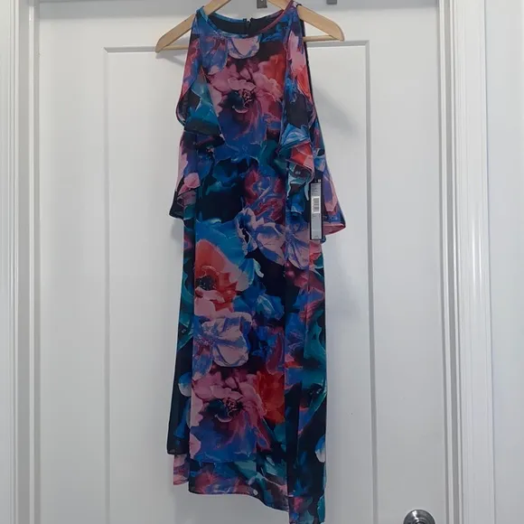 NWT! Blue, Pink, and Black TAHARI ARTHUR S. LEVINE Floral Chiffon Dress - Size 8
