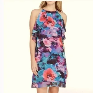 NWT! Blue, Pink, and Black TAHARI ARTHUR S. LEVINE Floral Chiffon Dress - Size 8
