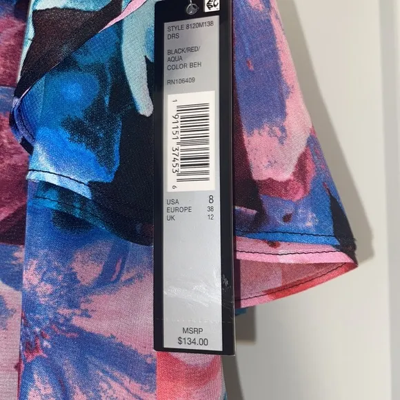 NWT! Blue, Pink, and Black TAHARI ARTHUR S. LEVINE Floral Chiffon Dress - Size 8