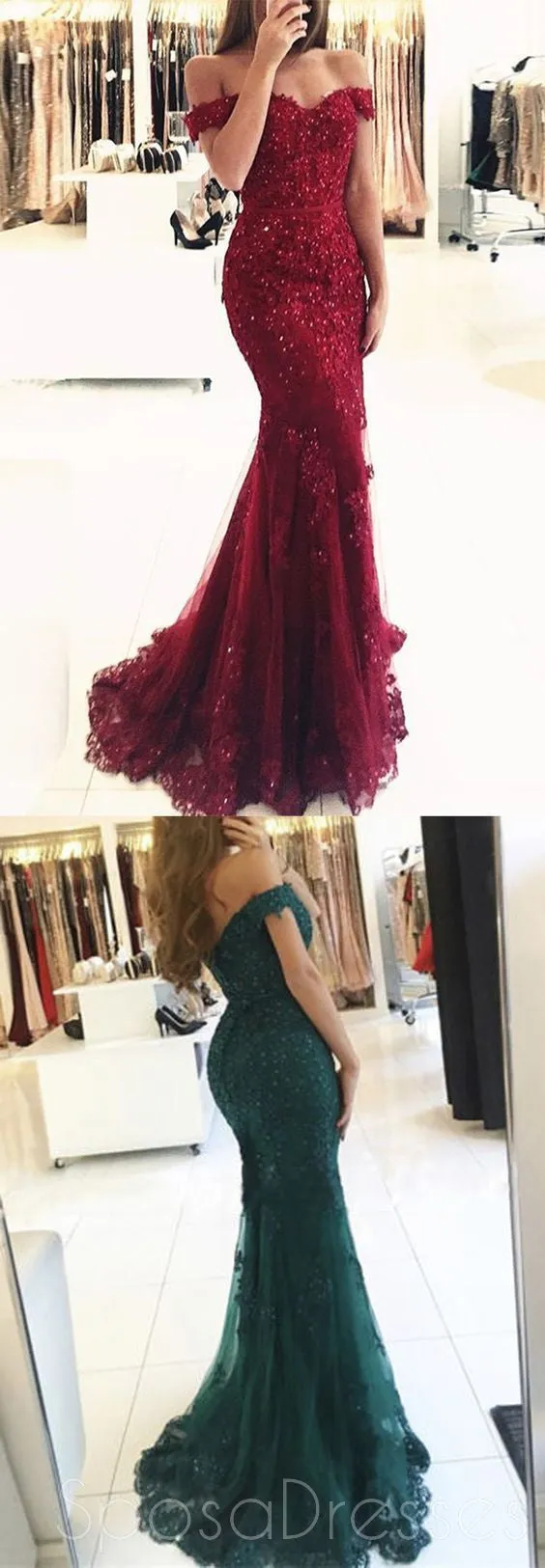 Off Shoulder Burgundy Lace Beaded Evening Mermaid Prom Dresses, Long Sexy Prom Dresses 17132