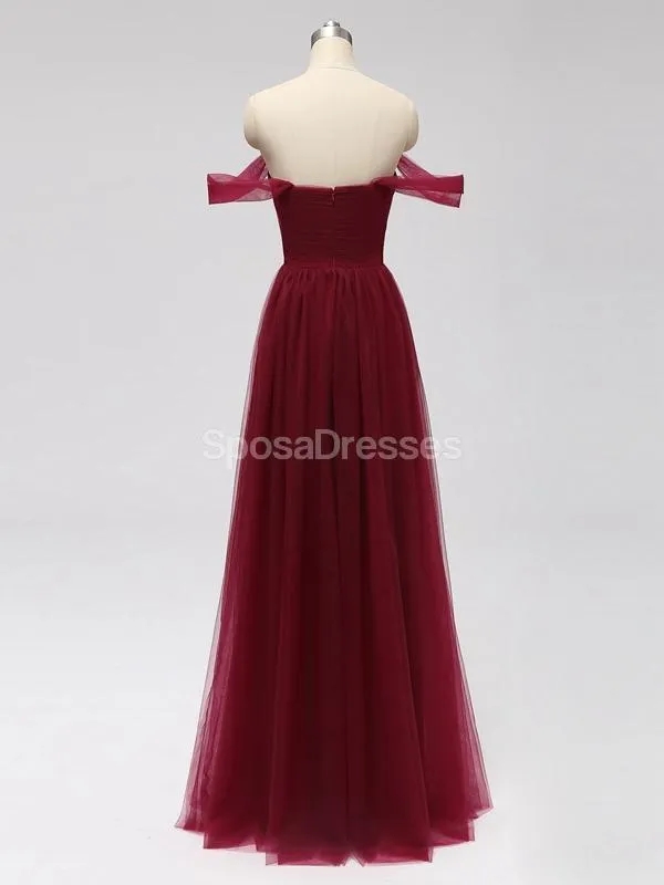 Off Shoulder Floor Length Dark Red Tulle Cheap Bridesmaid Dresses Online, WG589