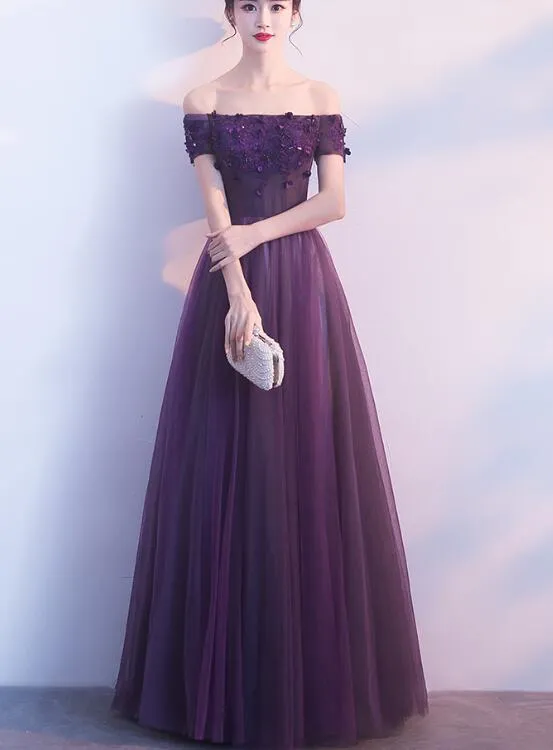 Off Shoulder Purple Tulle with Lace Applique Party Dress, Purple Prom Dress