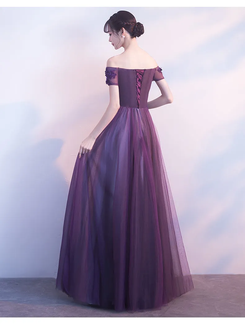Off Shoulder Purple Tulle with Lace Applique Party Dress, Purple Prom Dress