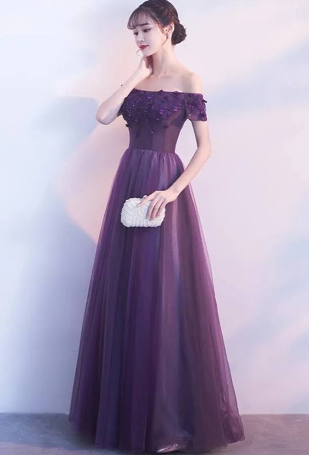 Off Shoulder Purple Tulle with Lace Applique Party Dress, Purple Prom Dress