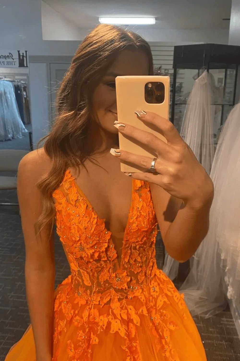 Orange V-Neck Tulle Lace A-Line Prom Dress Formal Dress TP1164