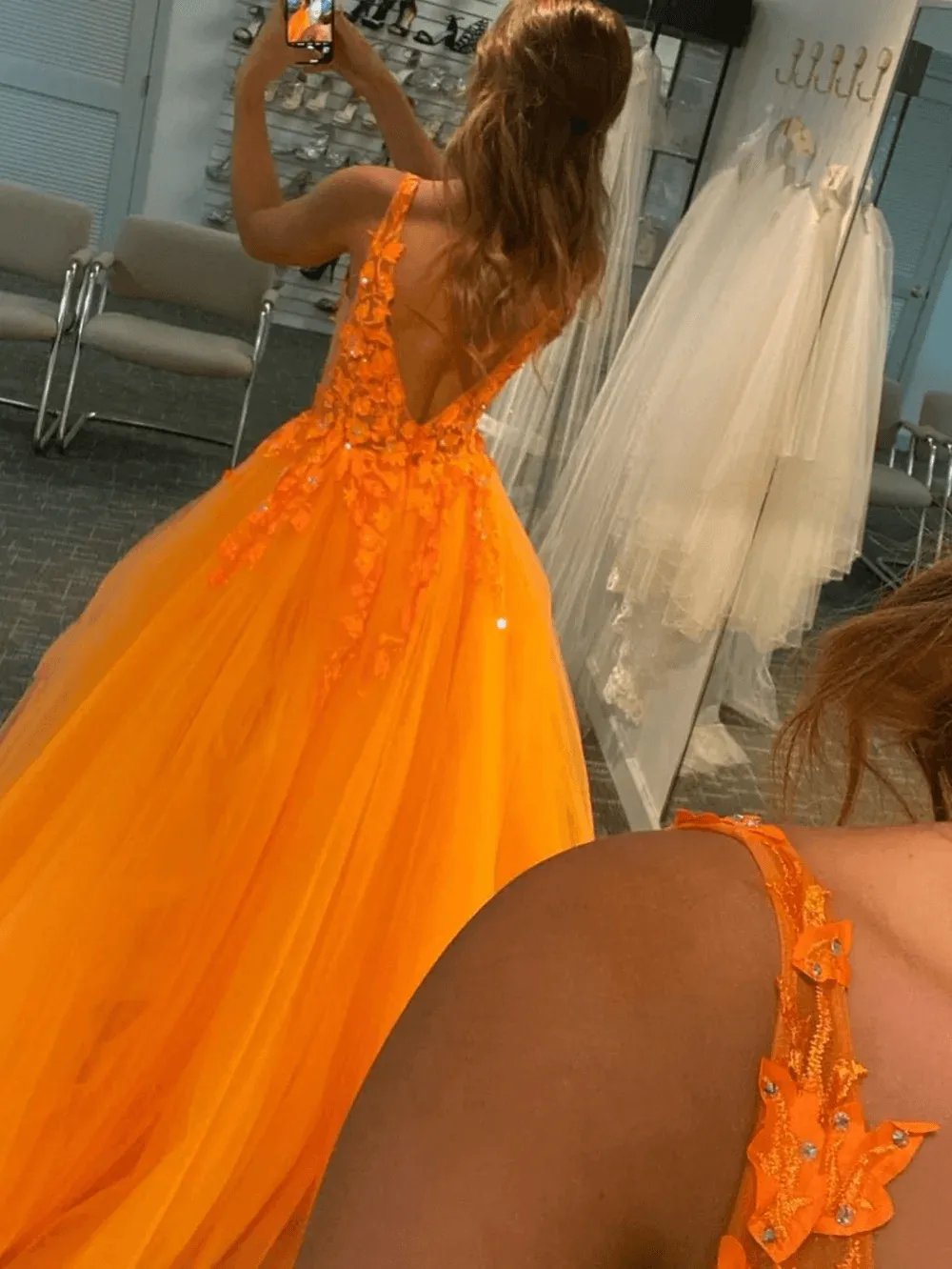 Orange V-Neck Tulle Lace A-Line Prom Dress Formal Dress TP1164