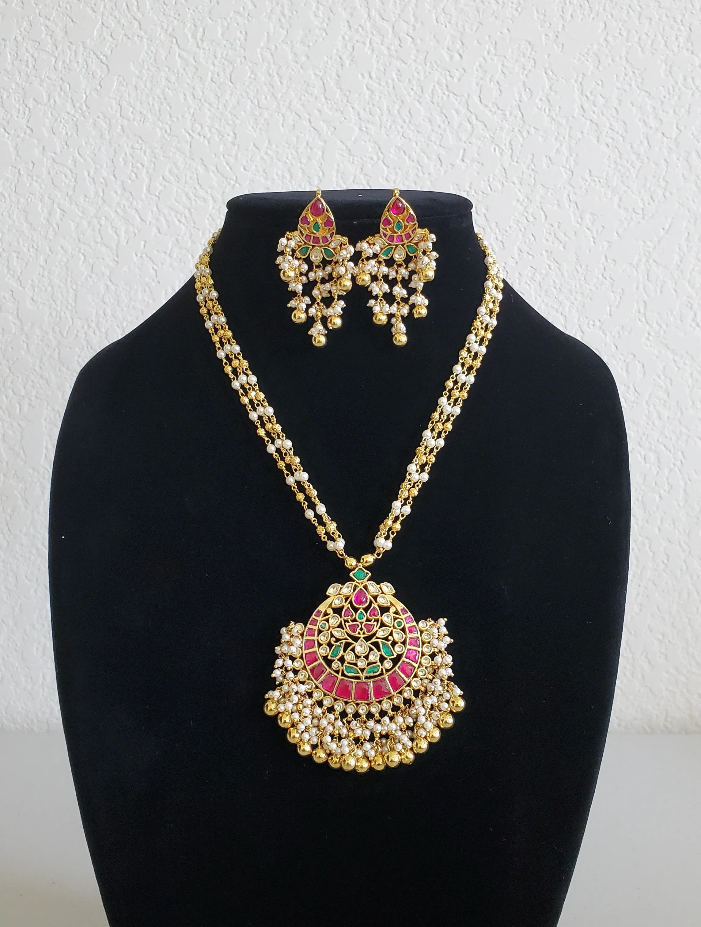 Pachi Kundan South Style Gold Beads Chain Set With Gold Plating A90