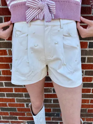 Pearl Accent Leather Shorts: Off White