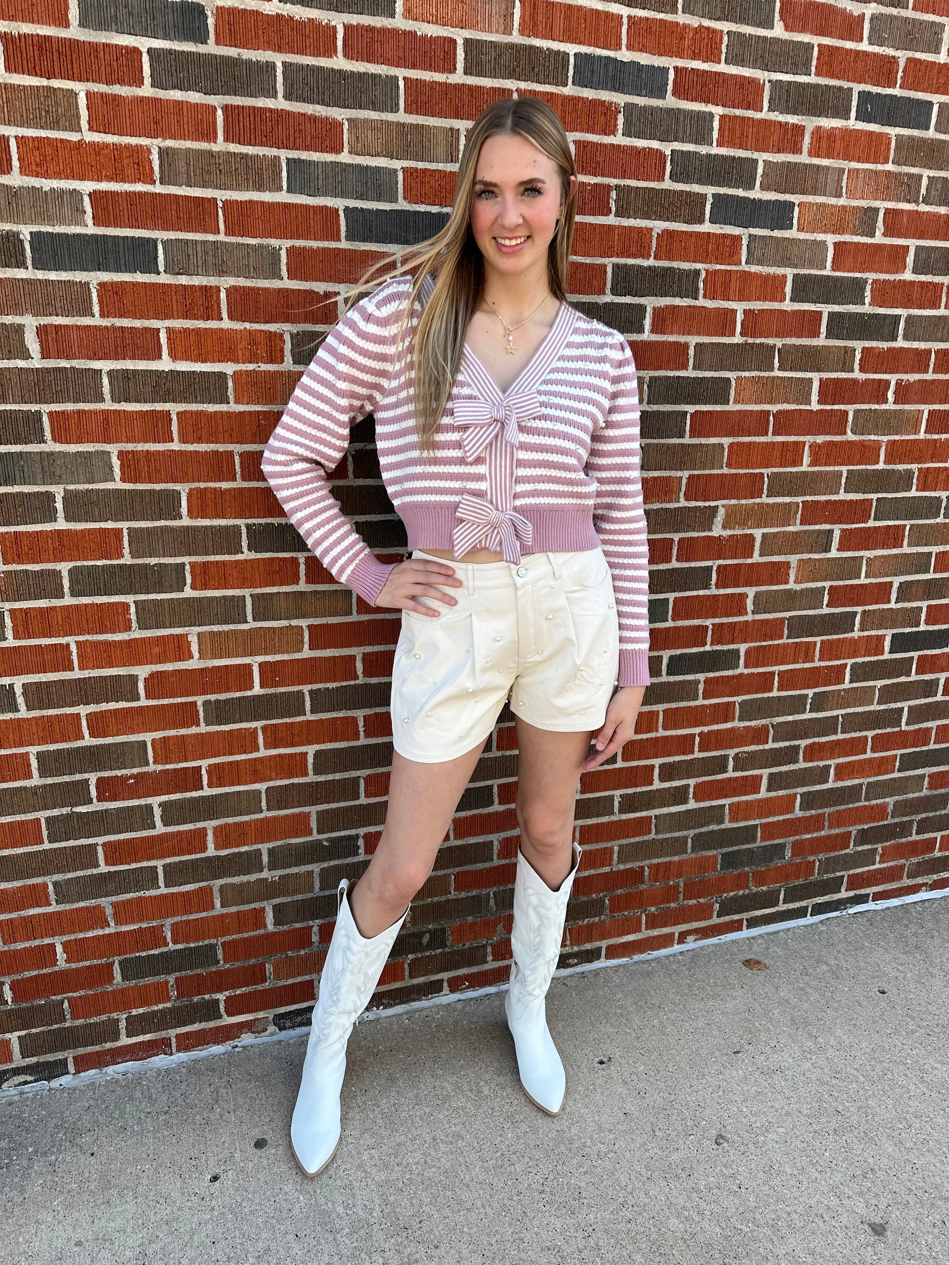 Pearl Accent Leather Shorts: Off White