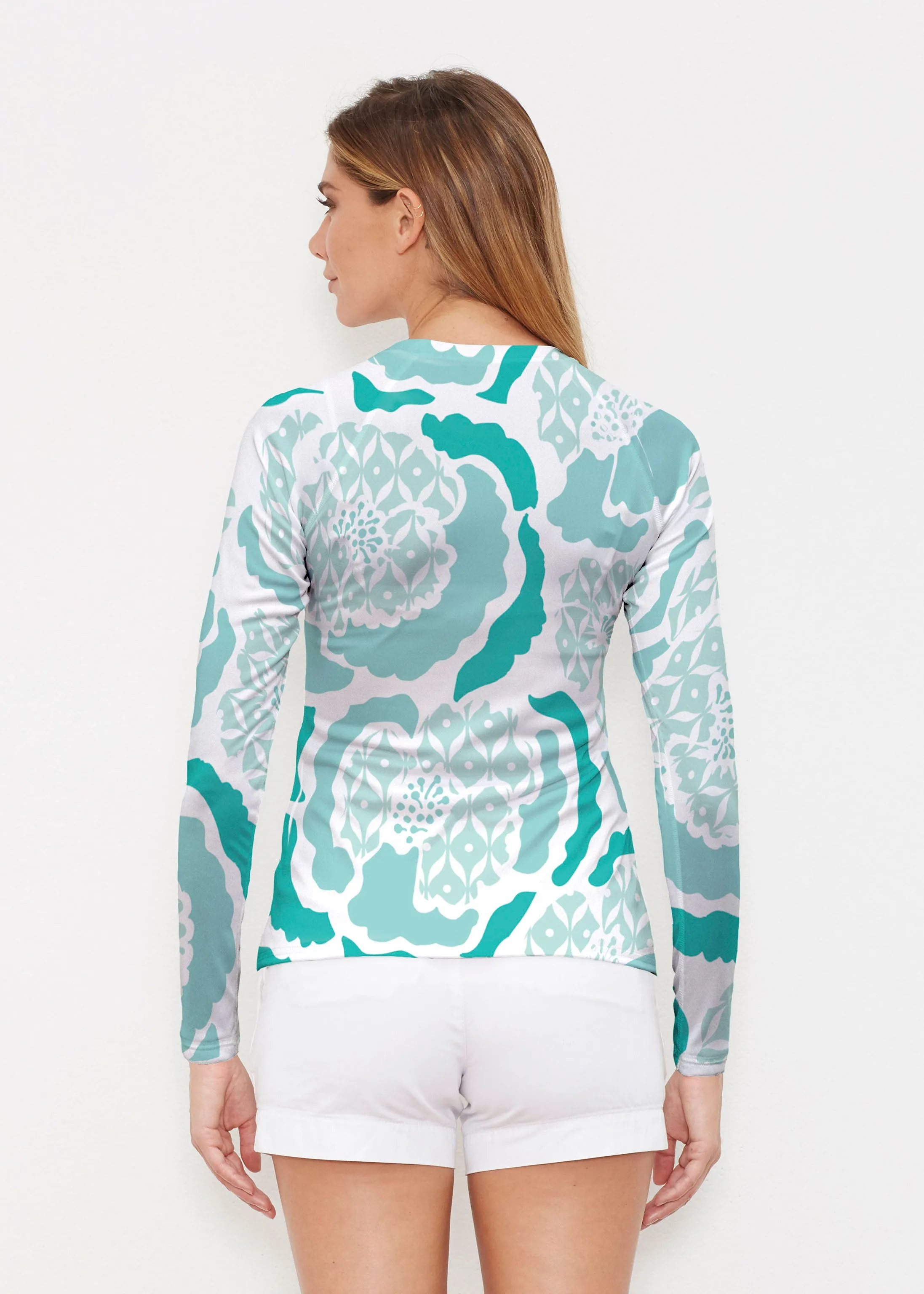 Peonies Aqua (8082) ~ Long Sleeve Rash Guard