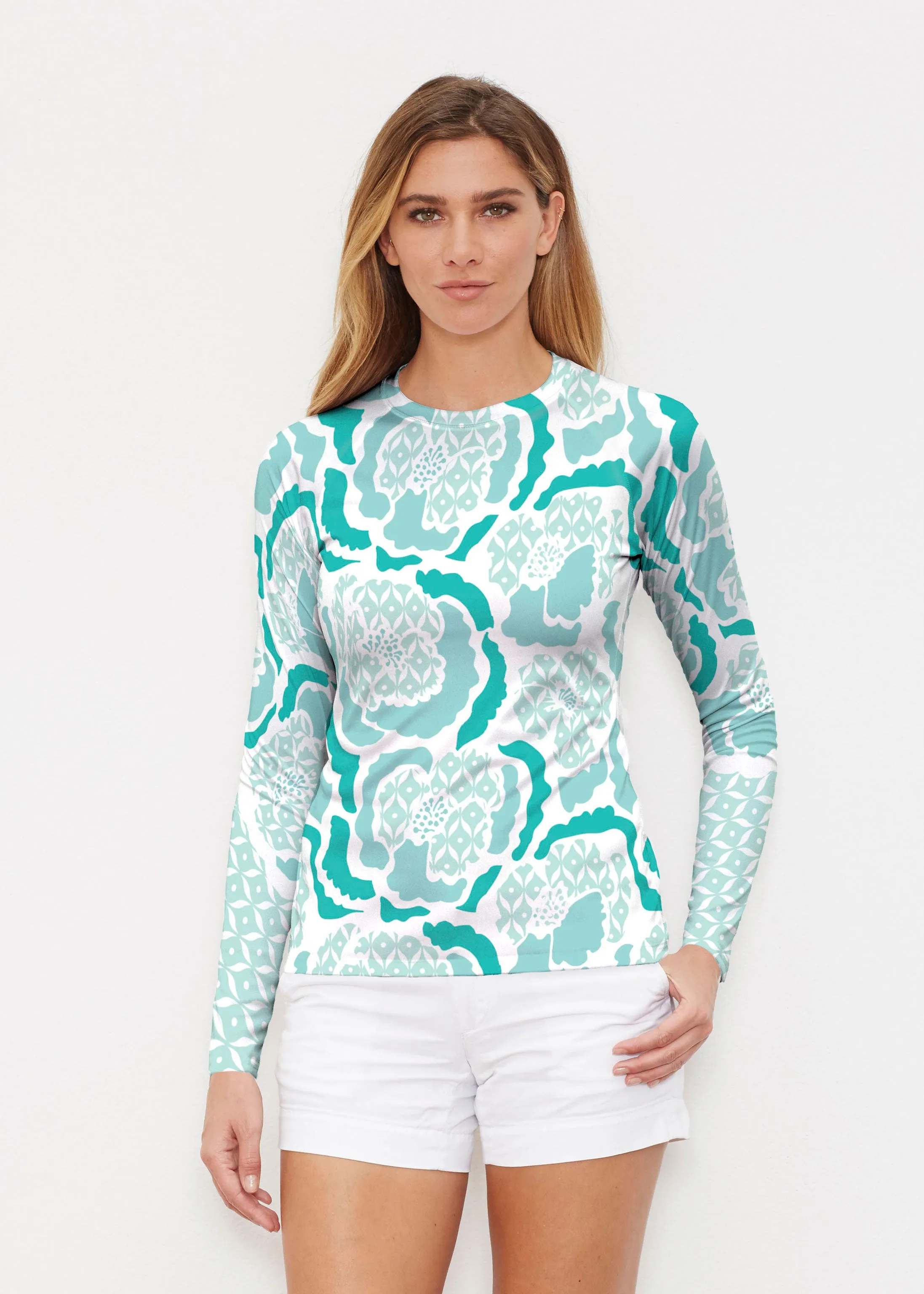 Peonies Aqua (8082) ~ Long Sleeve Rash Guard