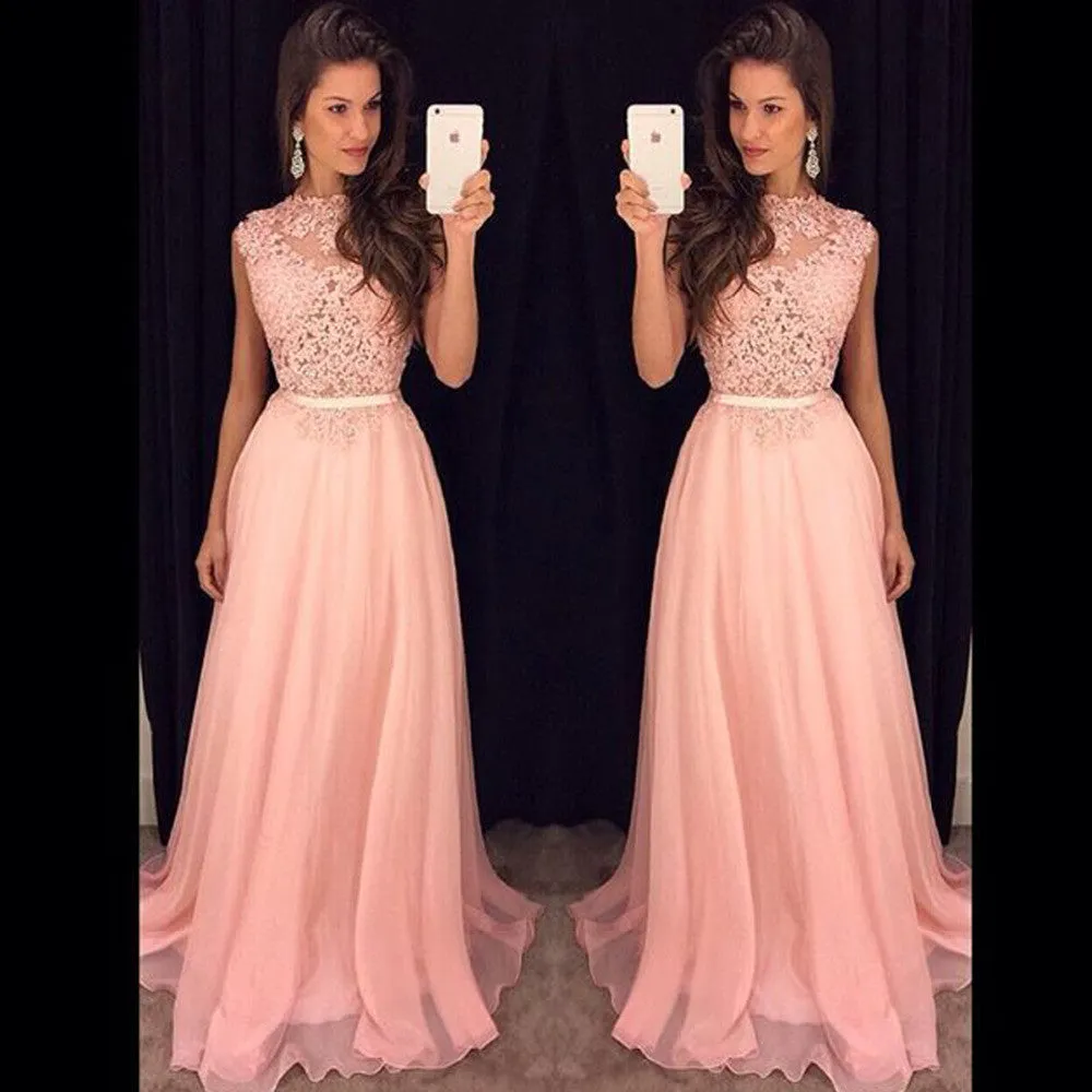 Pink Applique Prom Dresses,Sleeveless Prom Dress,Evening Dress