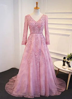 Pink Long Sleeves Lace Party Dress, Pink  Prom Dress