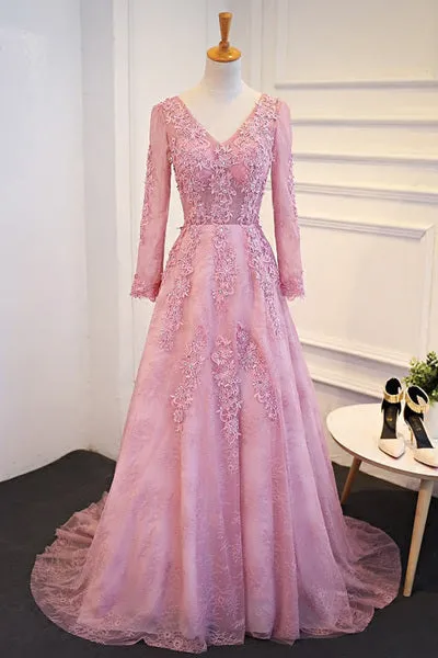 Pink Long Sleeves Lace Party Dress, Pink  Prom Dress