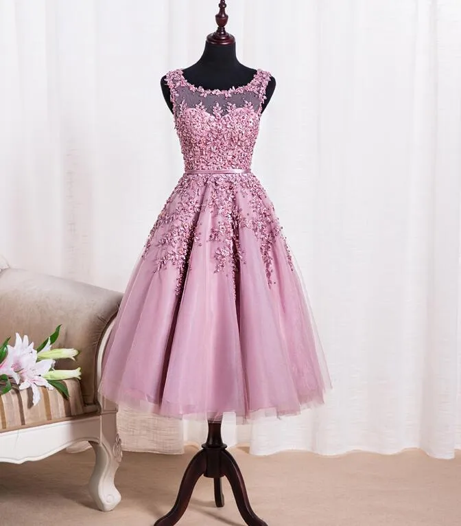 Pink Tea Length School Homecoming Dresses, Applique Pearls  Short Prom Dresses, Pink Party Dresses