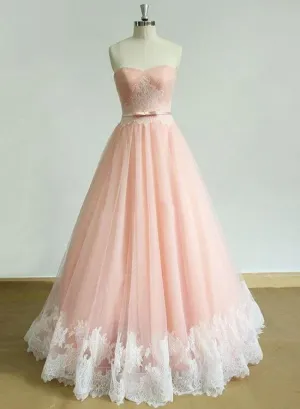 Pink Tulle Prom Dress with Lace Applique, Pink Formal Dresses, Evening Dress