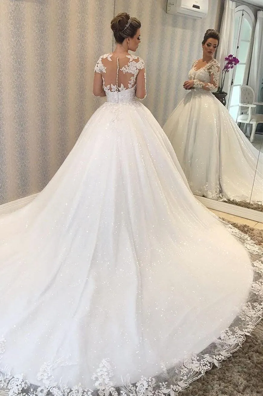 Princess Long Sleeves Sheer Back White Wedding Dress with Lace TN326
