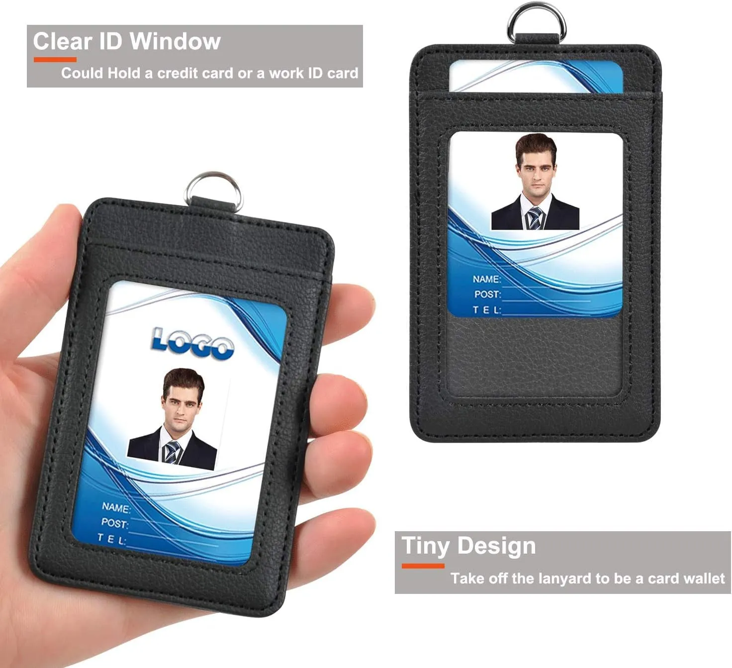 PU Leather ID Card Holder with Lanyard for Office, School