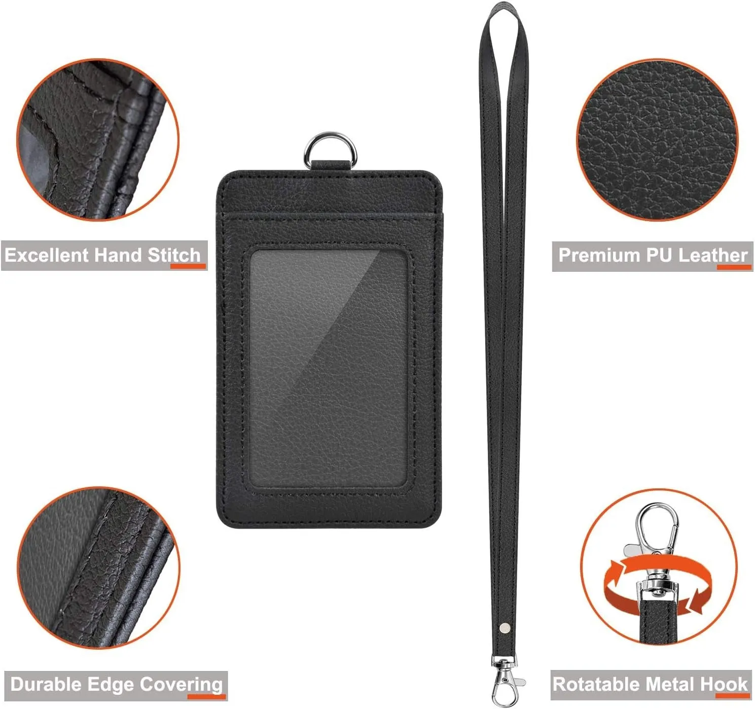PU Leather ID Card Holder with Lanyard for Office, School