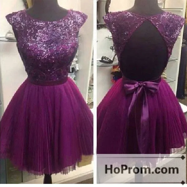 Purple Sequins Cap Sleeve A-Line  Prom Dresses Homecoming Dresses